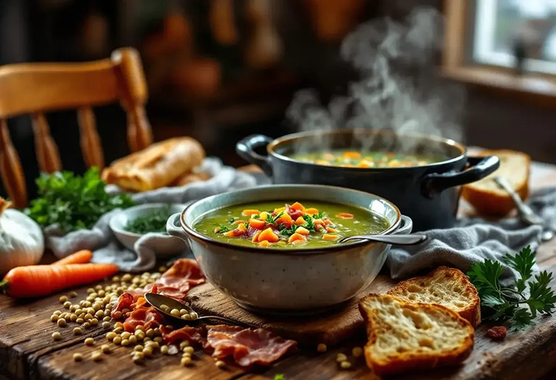 Soupe rustique de lentilles vertes aux lardons fumés