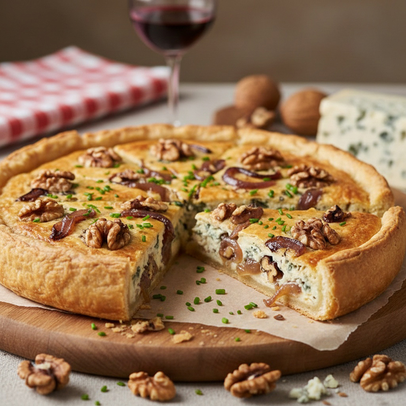 Tarte rustique au Roquefort, noix croquantes et oignons caramélisés