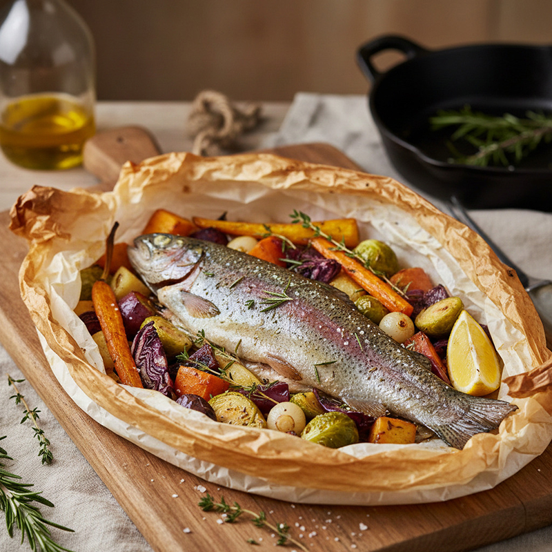 Truite entière en papillote, légumes d’hiver rôtis & herbes fraîches