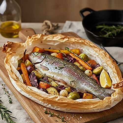 Truite entière en papillote, légumes d’hiver rôtis & herbes fraîches