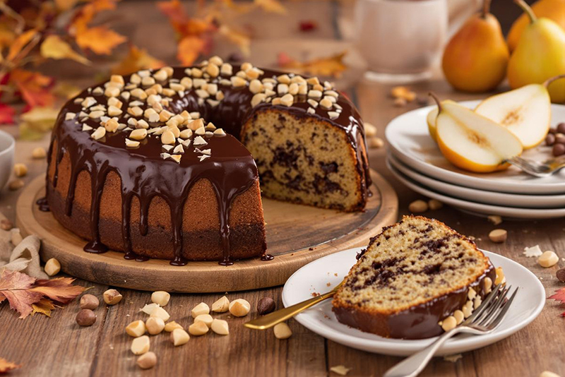Gâteau fondant poire & chocolat, glaçage brillant aux noisettes