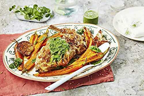 Gigot de chevreau aux carottes rôties et coulis de cresson