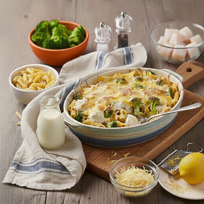 Gratin de penne, brocoli et poisson blanc