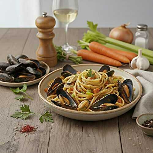 Linguine aux moules, légumes fondants et infusion de safran