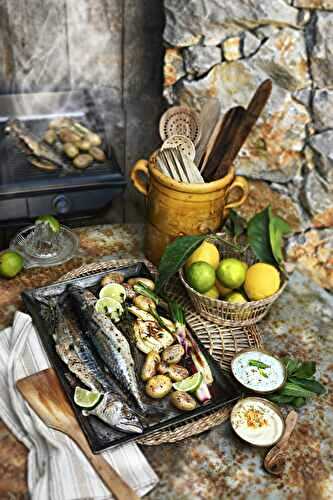 Maquereaux grillés, duo de sauces yaourt et légumes