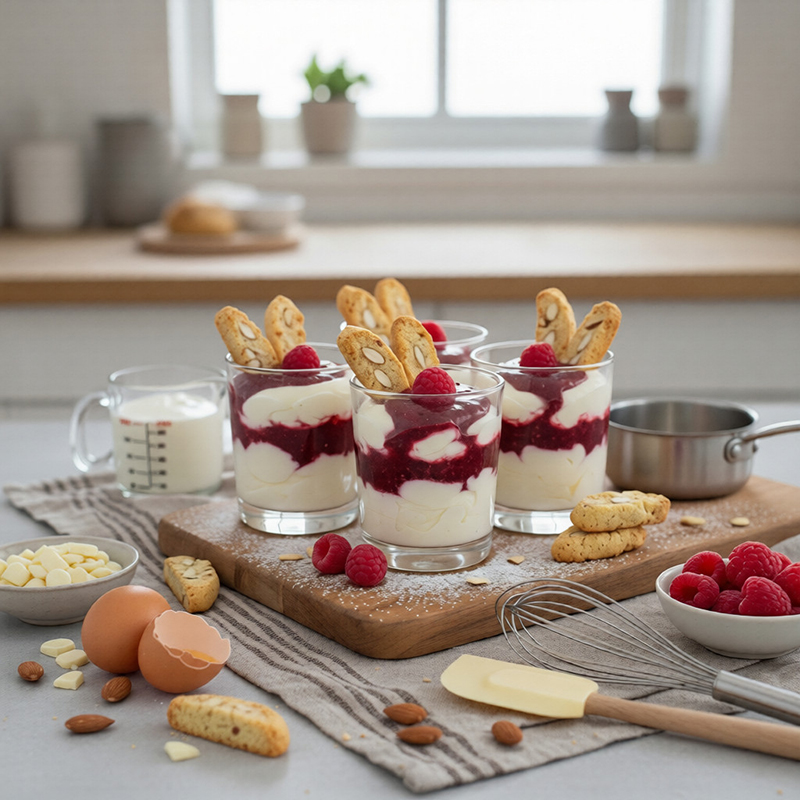 Mousse au chocolat blanc, coulis de framboises, biscotti aux amandes
