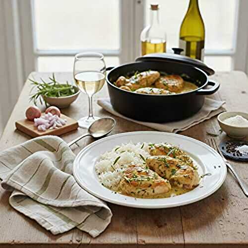 Poulet à l’estragon en cocotte, sauce au vin blanc
