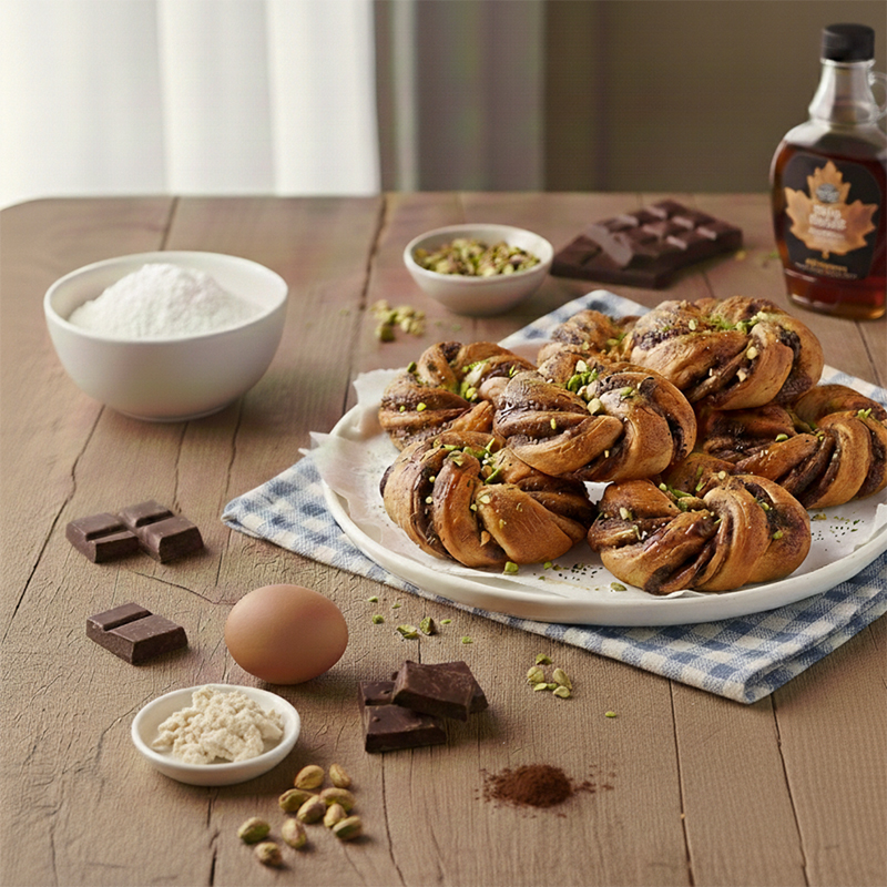 Torsades briochées au chocolat noir et pistaches grillées