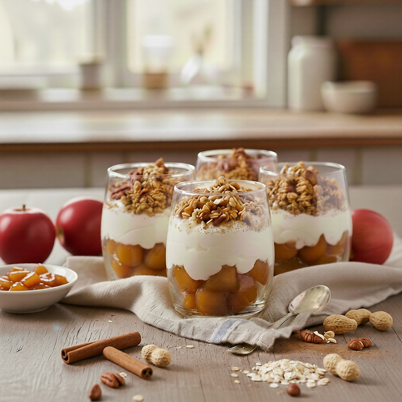 Verrines aux pommes caramélisées, faisselle et granola à la cannelle
