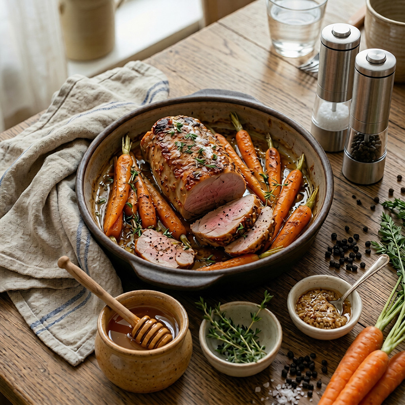 Filet mignon de porc rôti au miel, moutarde et carottes fondantes