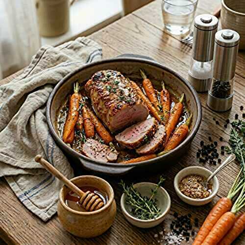 Filet mignon de porc rôti au miel, moutarde et carottes fondantes