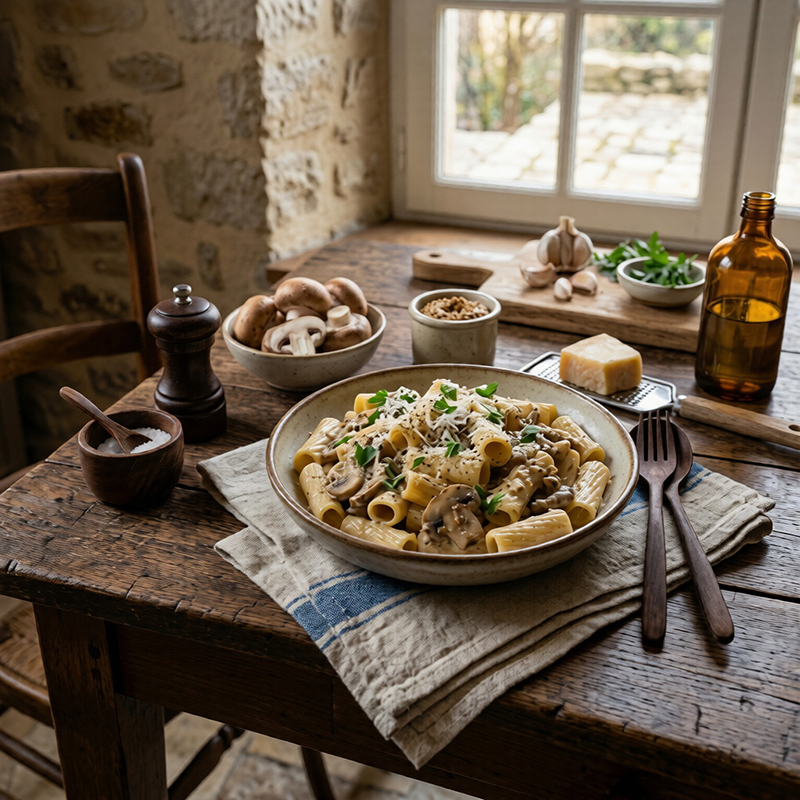 Rigatoni aux champignons, moutarde à l’ancienne et parmesan