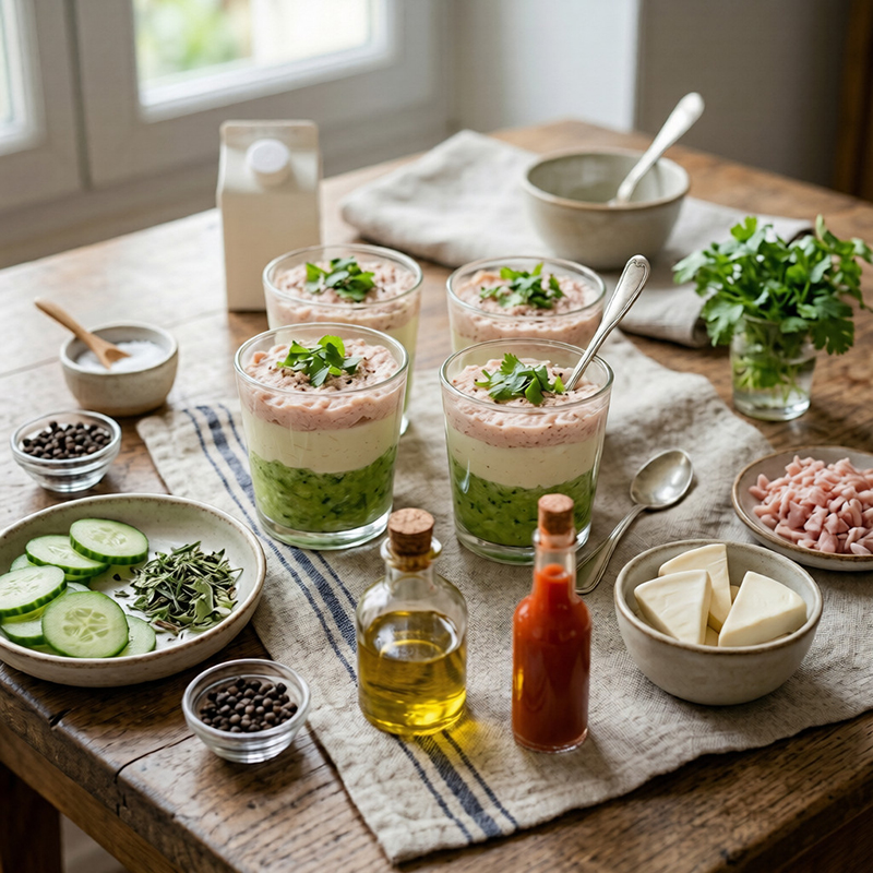 Verrines fraîcheur concombre, crème de Vache qui rit® et mousse de jambon