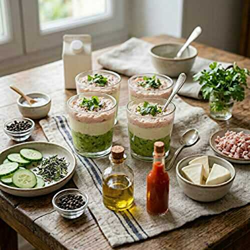 Verrines fraîcheur concombre, crème de Vache qui rit® et mousse de jambon