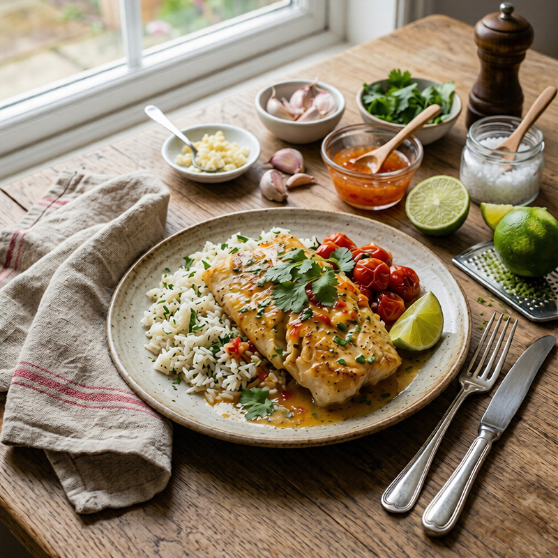 Cabillaud poêlé au beurre d’ail, citron vert et douceur du chili