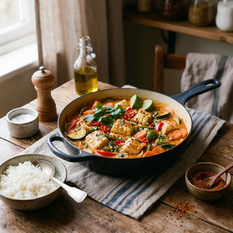 Curry rouge de cabillaud aux légumes et lait de coco