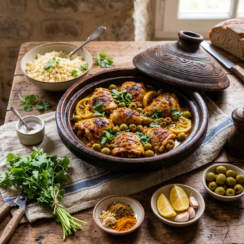 Tajine de poulet aux olives et citron confit