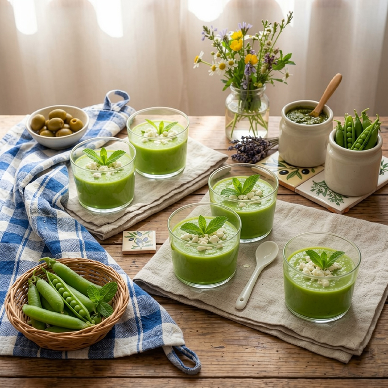 Velouté glacé de petits pois, menthe fraîche et éclats de feta