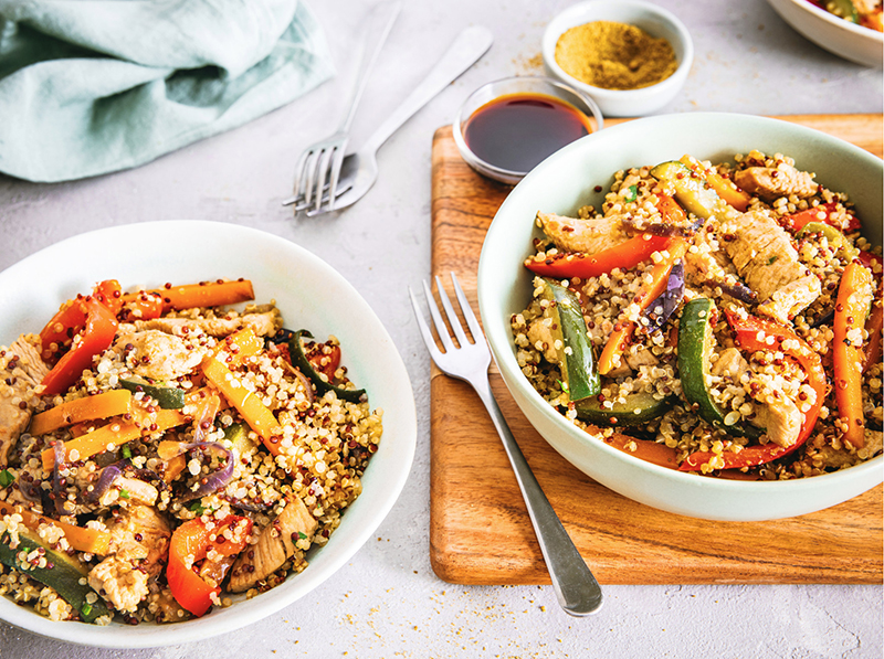 Émincé de dinde aux légumes sautés et quinoa