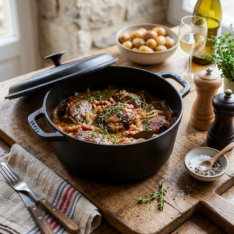Joues de porc fondantes au vin blanc et thym