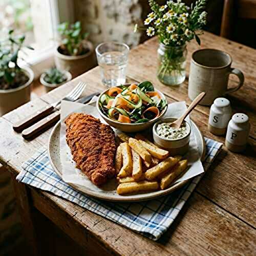 Poisson pané, frites au four & salade croquante