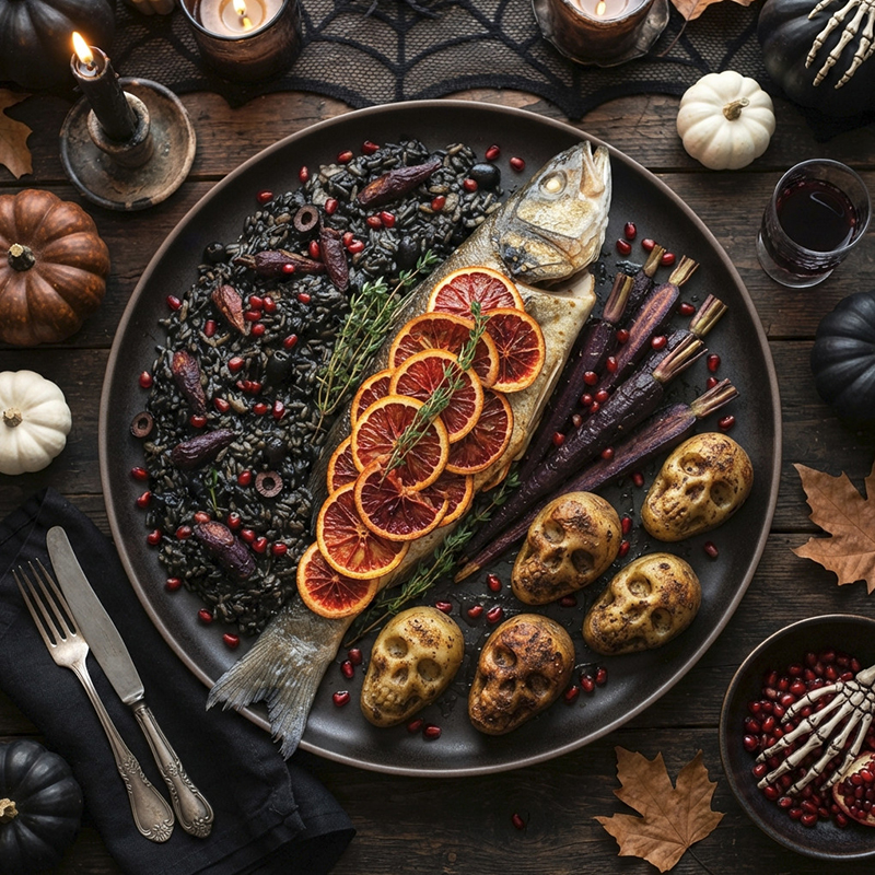 Loup de mer d’Halloween, risotto noir & pommes de terre crânes