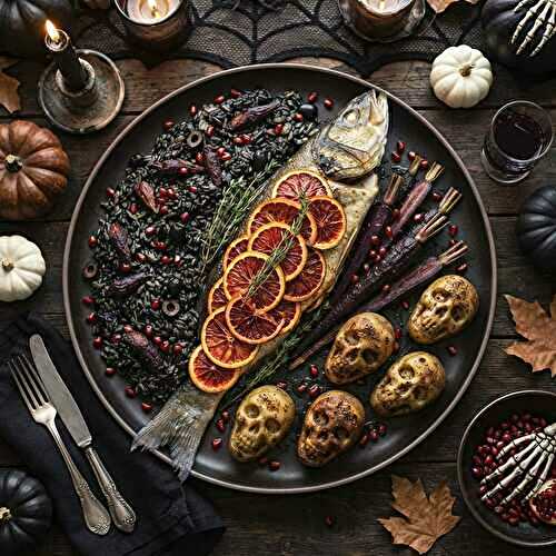 Loup de mer d’Halloween, risotto noir & pommes de terre crânes