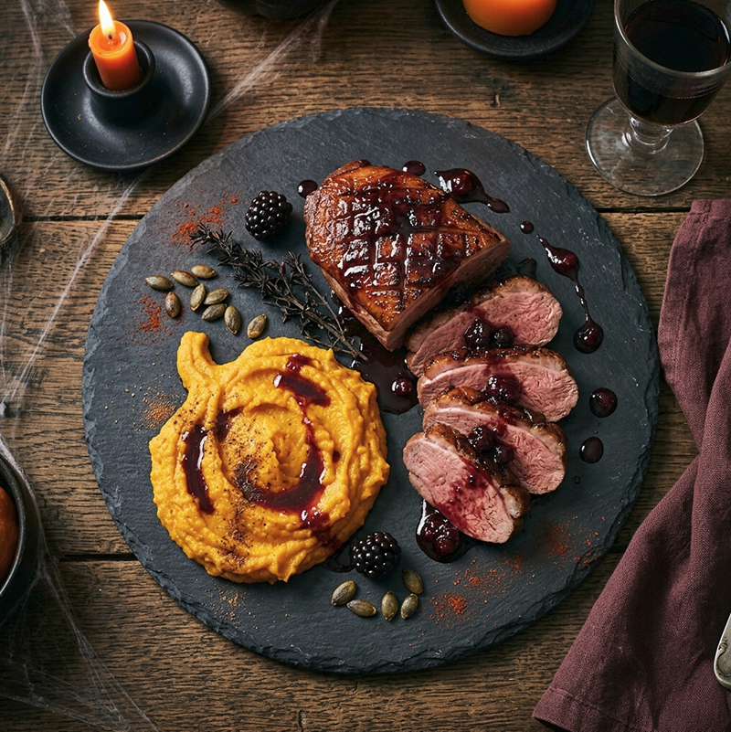 Magret de canard laqué à la mûre et son volcan de potimarron