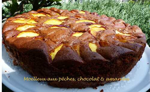 Moelleux aux pêches, chocolat & amandes