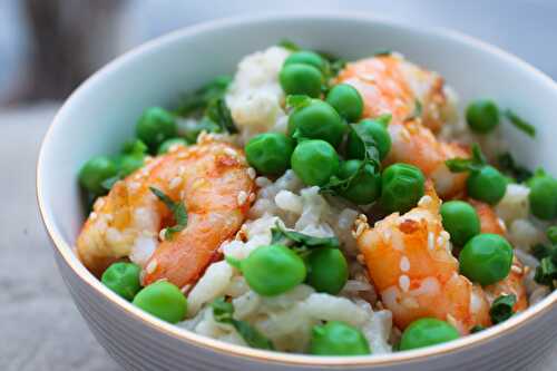 Risotto printanier : petits pois et crevettes