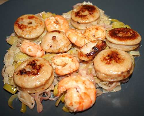 Boudin blanc et gambas sur fondue de poireau