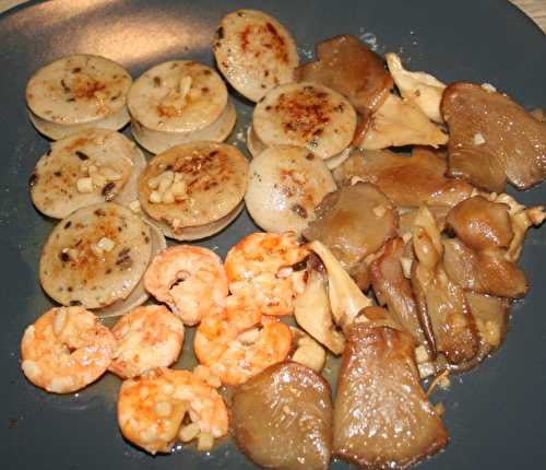 Boudin blanc truffé et gambas aux pleurotes