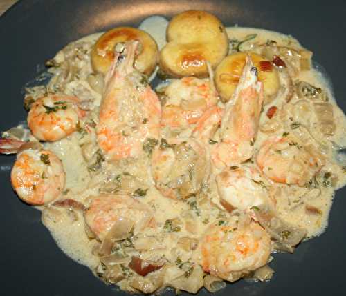 Crevettes (gambas) aux champignons de Paris