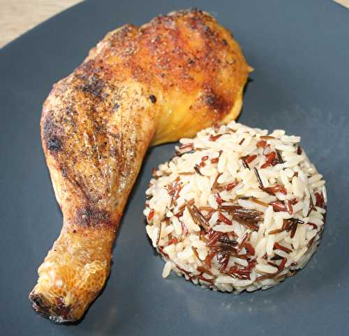 Cuisse de poulet à la peau très croustillante et 3 riz