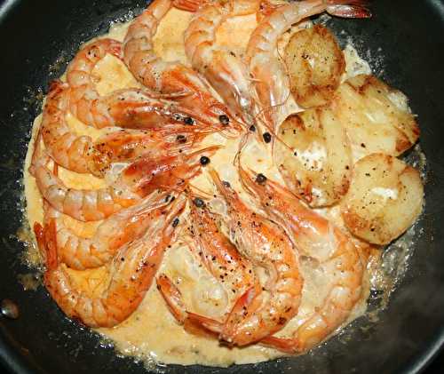 Gambas à la normande flambées au Calva