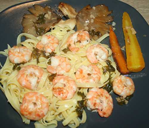 Gambas au nid, pleurotes et carottes