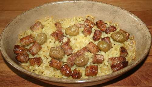 Gratin de coquillettes et chipolatas au parmesan