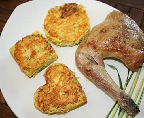 Petites galettes de courgette et cuisse de pintade rôtie