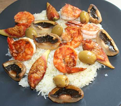 Salade de riz aux gambas, champignons et figue à la plancha