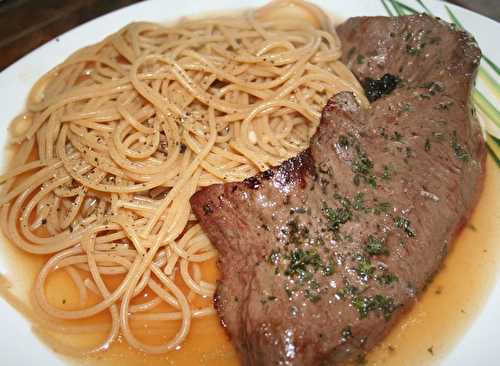 Spaghetti et coeur de boeuf à la plancha sauce fond de veau