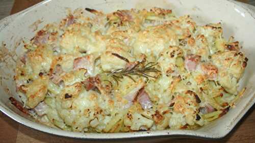 Gratin de chou-fleur, frites allumettes, talon de jambon