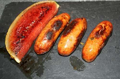 Saucisses aux légumes à la provençale et piment d'Espelette et pastèque à la plancha