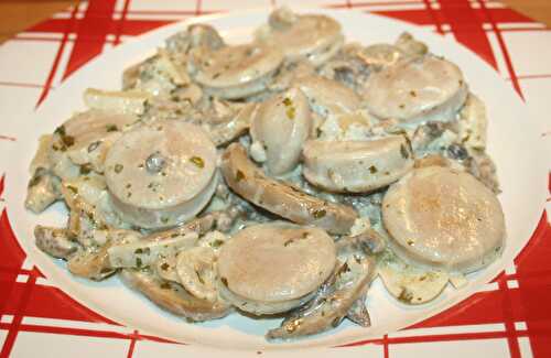 Boudin blanc au Porto, champignons et sauce à la crème