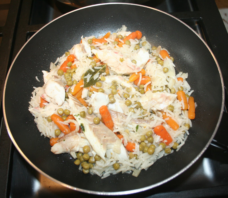 Riz au bar (loup) et petits pois carottes