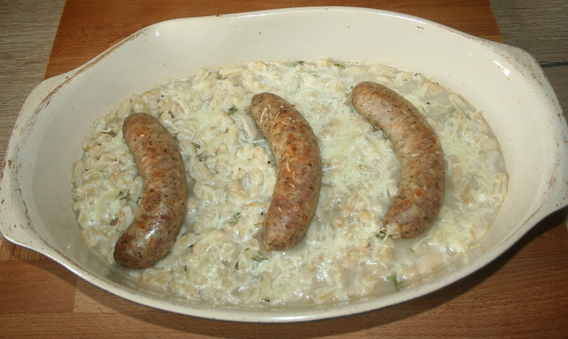 Saucisses de Toulouse aux mogettes de Vendée gratinées