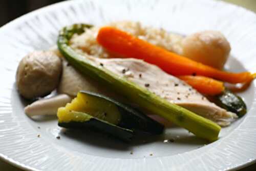 Poulet aux légumes du printemps, risotto au bouillon