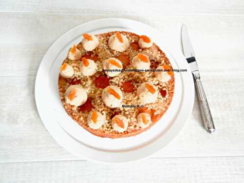 Financier aux abricots et main de bouddha, amandes hachées et boules de mousse au caramel d'après Pierre Hermé