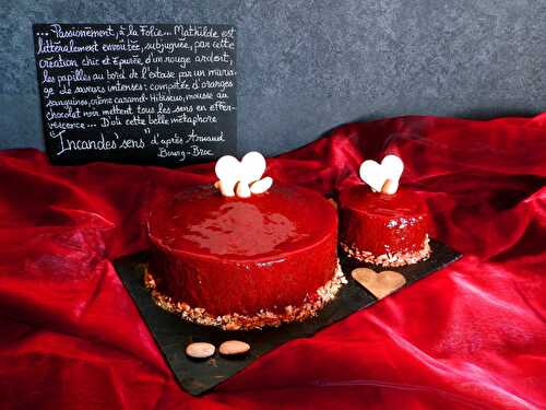 Incandes'sens d'après Arnaud Bourg-Broc : entremets chocolat, oranges sanguines, caramel-hibiscus