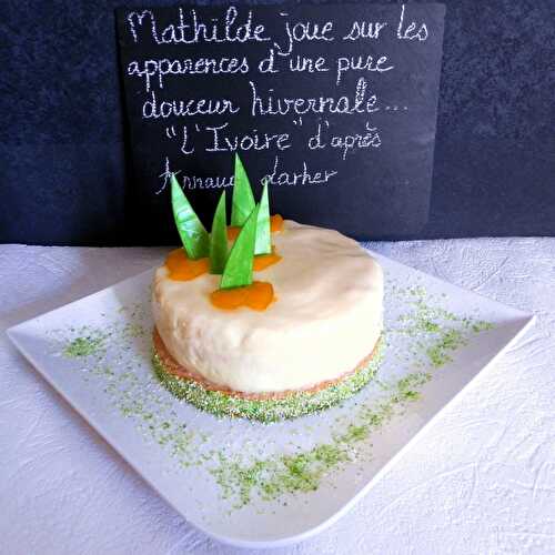 L'Ivoire d'après Arnaud Larher : biscuit noix de coco,mousse chocolat blanc,crémeux passion aux mangues