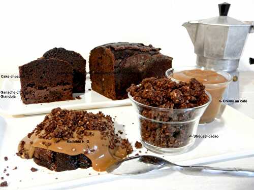 Cake au chocolat fourré à la ganache chocolat gianduja, accompagné d'une crème au café et d'un streusel cacao d'après Christophe Adam